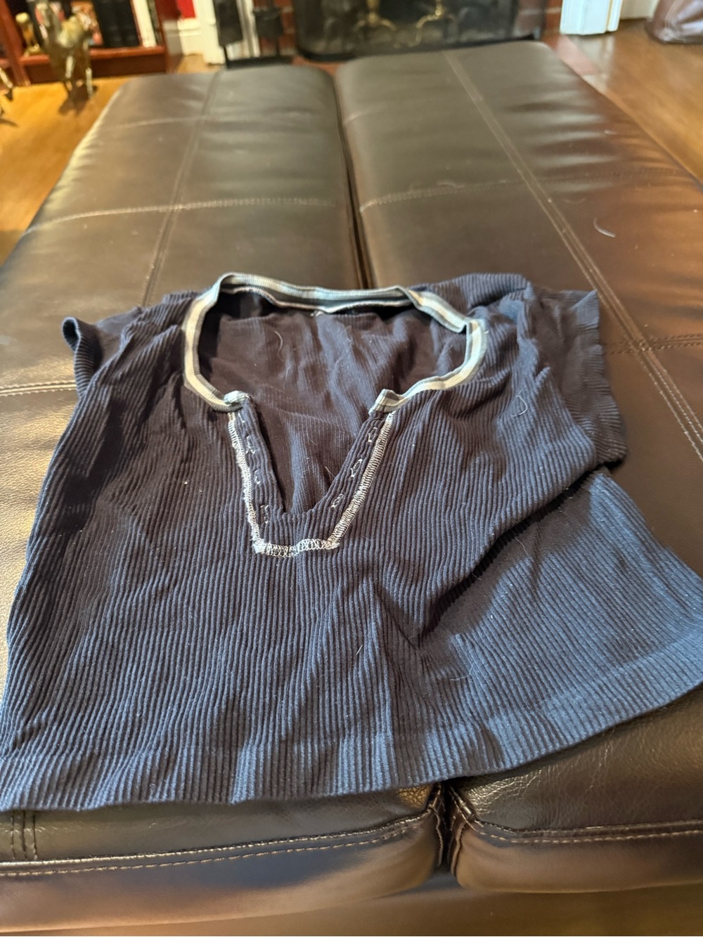 Urban Outfitters Navy Blue Ribbed Crop Top with Light Gray Trim
